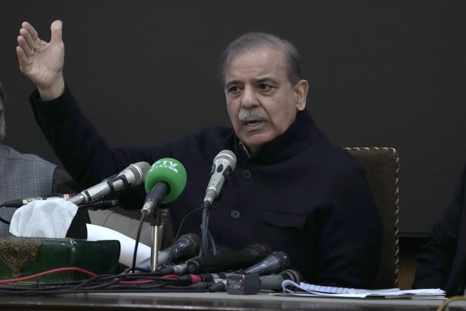 Pakistan's former Prime Minister Shehbaz Sharif speaks during a press conference regarding parliamentary elections, in Lahore, Pakistan, Tuesday, Feb. 13, 2024. Sharif, the main political rival of ex-Pakistani premier Imran Khan challenged him Tuesday to form a government if he had the support of the majority of the newly elected lawmakers in the parliament. (AP Photo/K.M. Chaudary)