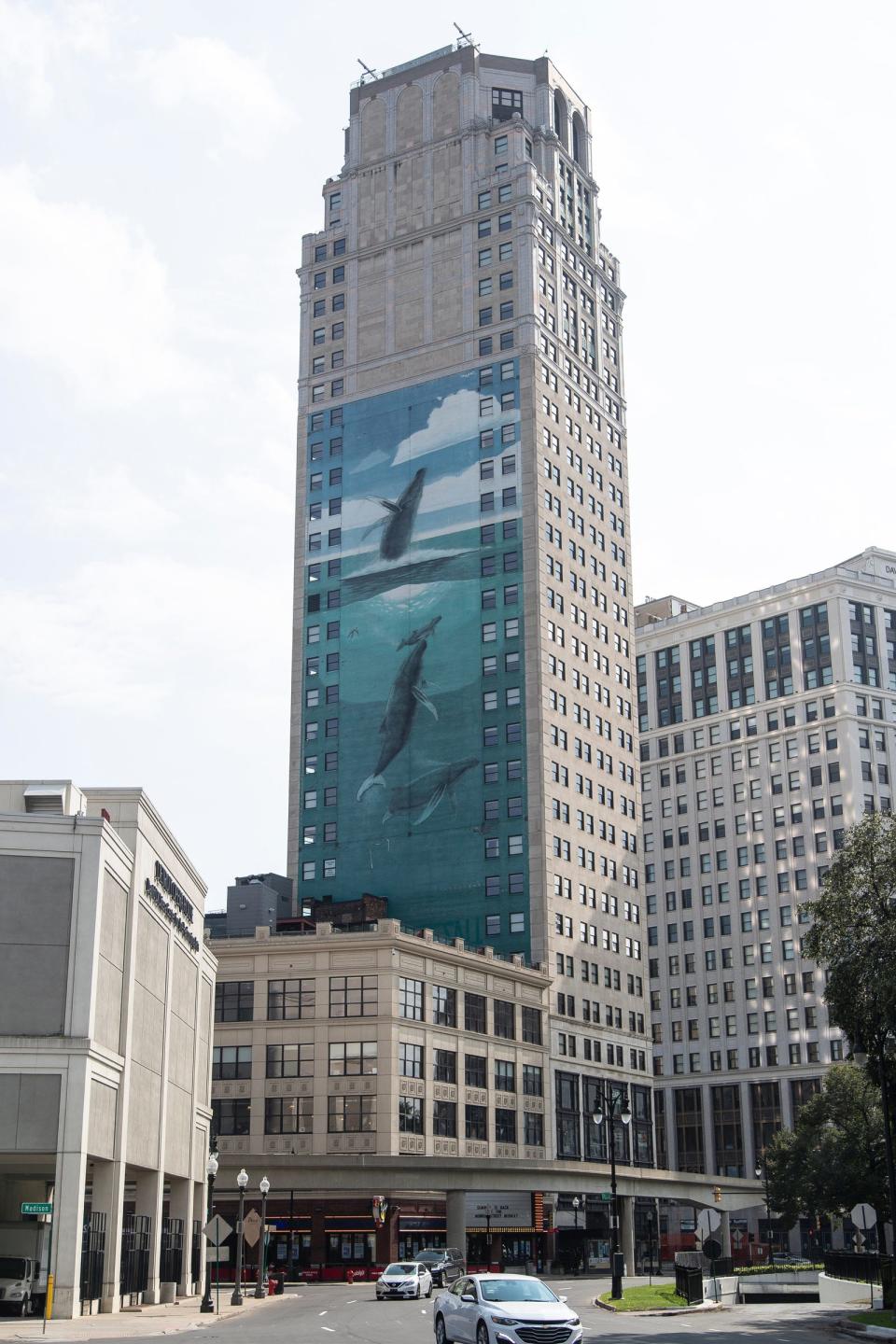 Whale mural on Broderick Building in Detroit on Tuesday, August 29, 2023.