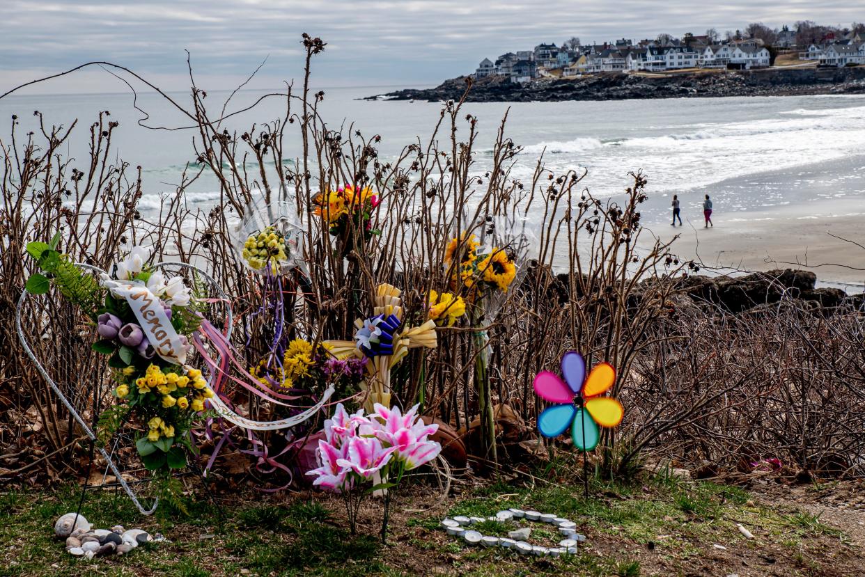 A memorial with flowers, pictured here on Friday, April 2, 2021, has grown in recent days as mourners remember Rhonda Pattelena, 35, of Bedford, Massachusetts, who police said was killed March 26 at Short Sands Beach in York, Maine.