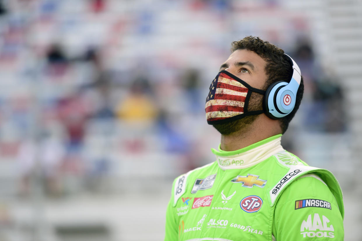 BRISTOL, TENNESSEE - SEPTEMBER 19: Bubba Wallace, driver of the #43 Cash App Chevrolet, stands on the grid prior to the NASCAR Cup Series Bass Pro Shops Night Race at Bristol Motor Speedway on September 19, 2020 in Bristol, Tennessee. (Photo by Jared C. Tilton/Getty Images)