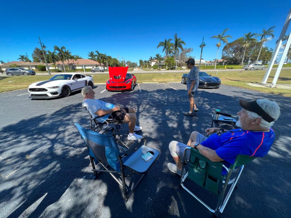 Fred Steiner, Tony Costantino and Sal Soldano gather in the parking lot of Marco Lutheran Church on Oct. 1 for their weekly muscle car meet-up. The enthusiasts say for them, direct-hit Hurricane Irma was worse than Ian.