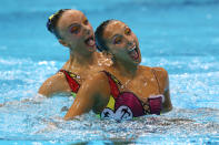 Gagnon Boudreau and Elise Marcotte of Canada compete in the Women's Duets Synchronised Swimming Free Routine Final on Day 11 of the London 2012 Olympic Games at the Aquatics Centre on August 7, 2012 in London, England. (Photo by Clive Rose/Getty Images)