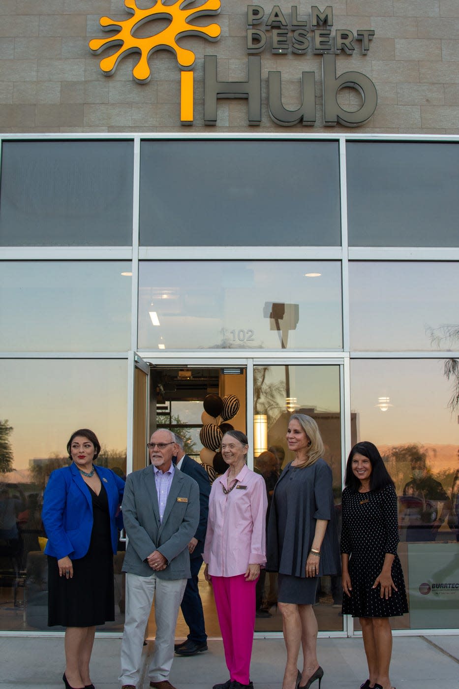 The Palm Desert City Council (From left: Councilmember Karina Quintanilla, Mayor Kathleen Kelly, Councilmember Sabby Jonathan, Mayor Pro Tem Jan Harnik, and Councilmember Gina Nestande) celebrates the grand opening of the Palm Desert iHub on Nov. 17, 2021.