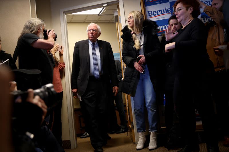 Democratic U.S. presidential candidate Senator Sanders arrives to speak to canvassers and campaign volunteers in Concord