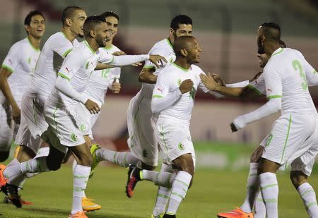 Algeria's Yacine Brahimi (C) celebrates with team mates after scoring against Malawi during their African Nations Cup qualifying soccer match at Tchaker Stadium in Blida October 15, 2014. REUTERS/Louafi Larbi