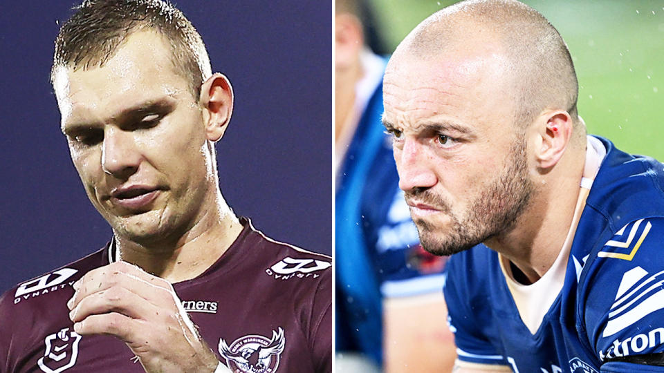 Tom Trbojevic and Josh Hodgson, pictured here in action for Manly and Parramatta.