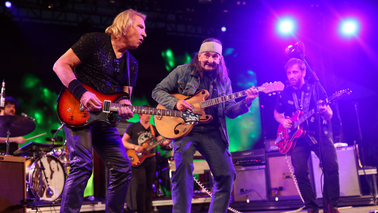  (from left) Joe Walsh, Glenn Schwartz and Dan Auerbach perform at the 2016 Coachella Valley Music & Arts Festival in Indio, California on April 16, 2016 