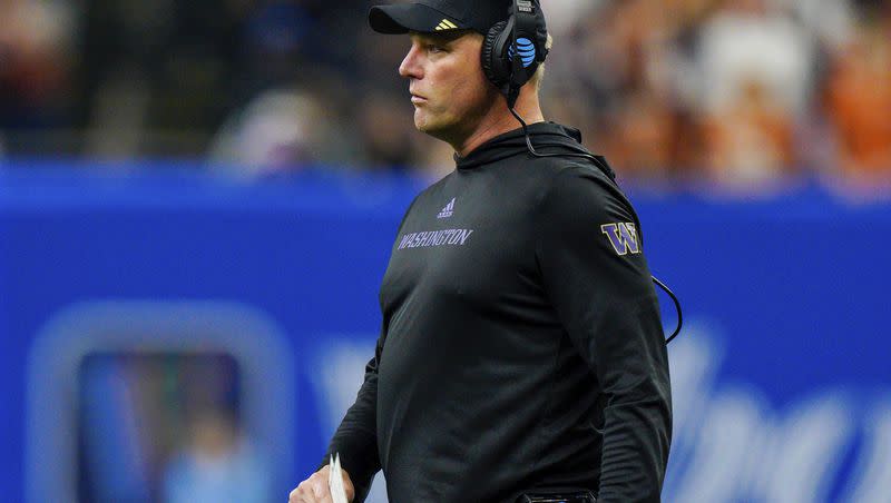 Washington head coach Kalen DeBoer looks on during the Sugar Bowl CFP NCAA semifinal college football game against Texas, Monday, Jan. 1, 2024, in New Orleans.