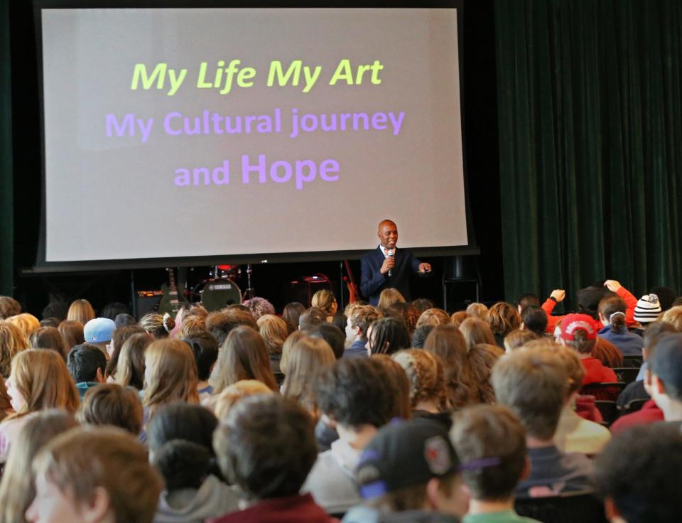 Richard Haynes from UNH gives an inspiring talk to Portsmouth Middle School students on the importance of education and how it paid off in his own life as part of a Black History Month presentation Wednesday, Feb. 1, 2023.