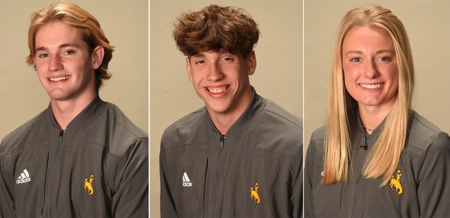 This photo combo provided by University of Wyoming shows members of the University of Wyoming swimming and diving team, from left, Luke Slabber, Charlie Clark and Carson Muir. Slabber, Clark and Muir were killed in a highway crash in northern Colorado on Thursday, Feb. 22, 2024. The crash injured two other team members who were expected to survive, according to a University of Wyoming statement. (University of Wyoming via AP)