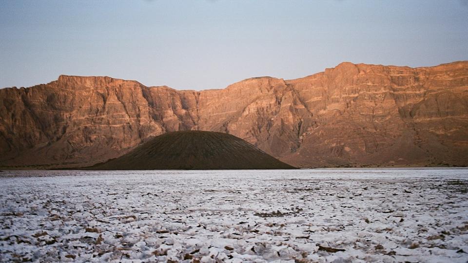 The view of the natron and cones from within the caldera