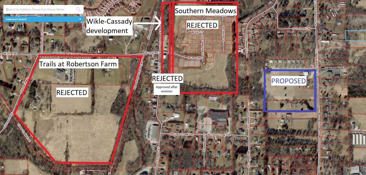 Monroe County Commissioners are proposing a residential development (shown in blue) in an area where they have previously rejected private developments (in red.)