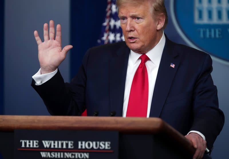 U.S. President Trump answers question during daily coronavirus response briefing at the White House in Washington