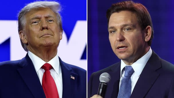 PHOTO: Former President Donald Trump arrives to address the annual CPAC, March 4, 2023, in National Harbor, Md. Florida Gov. Ron DeSantis speaks to Iowa voters gathered at the Iowa State Fairgrounds, March 10, 2023, in Des Moines, Iowa. (Getty Images)