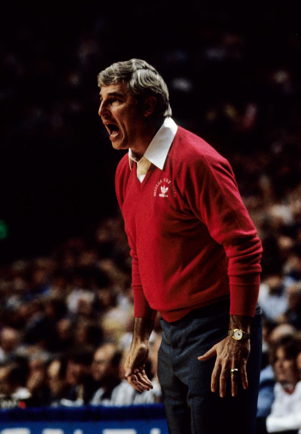 Dec 7, 1985; Lexington, KY, USA; FILE PHOTO; Indiana Hoosiers head coach Bobby Knight reacts on the sideline against the Kentucky Wildcats during the 1985-86 season. Mandatory Credit: Malcolm Emmons-USA TODAY Sports