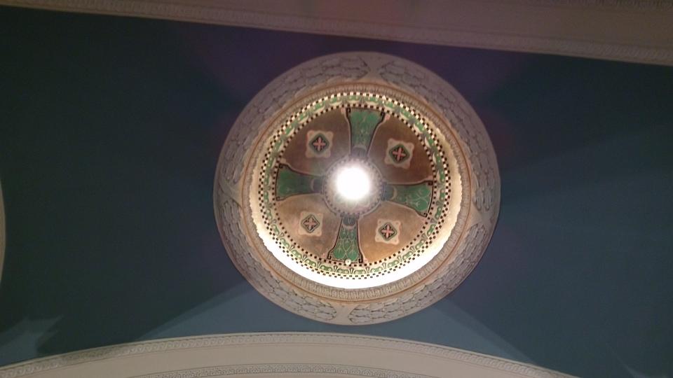 The newly renovated St. James ceiling, looking up from the floor of the church.