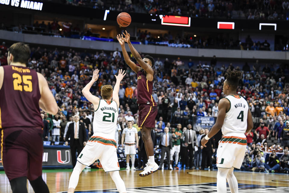 Loyola Chicago’s Donte Ingram beat Miami at the buzzer on the first day of the 2018 NCAA tournament. (Getty)