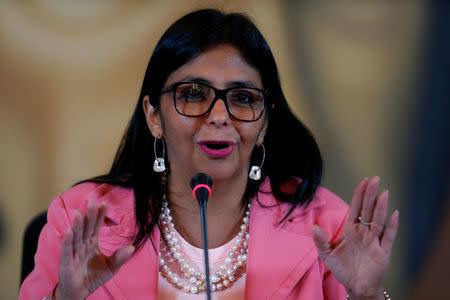 Venezuela's Foreign Minister Delcy Rodriguez talks to the media about Venezuela's withdrawal from the Organization of American States (OAS), during a news conference in Caracas, Venezuela April 27, 2017. REUTERS/Carlos Garcia Rawlins