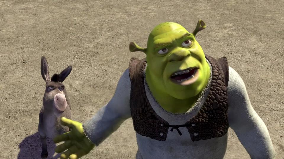 Donkey and Shrek in Duloc in "Shrek"