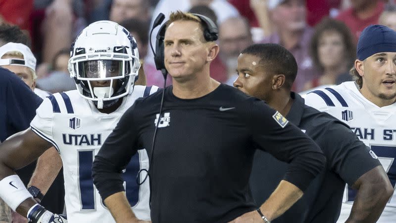 Utah State head coach Blake Anderson looks on during the first half of an NCAA college football game against Alabama, Saturday, Sept. 3, 2022, in Tuscaloosa, Ala. 