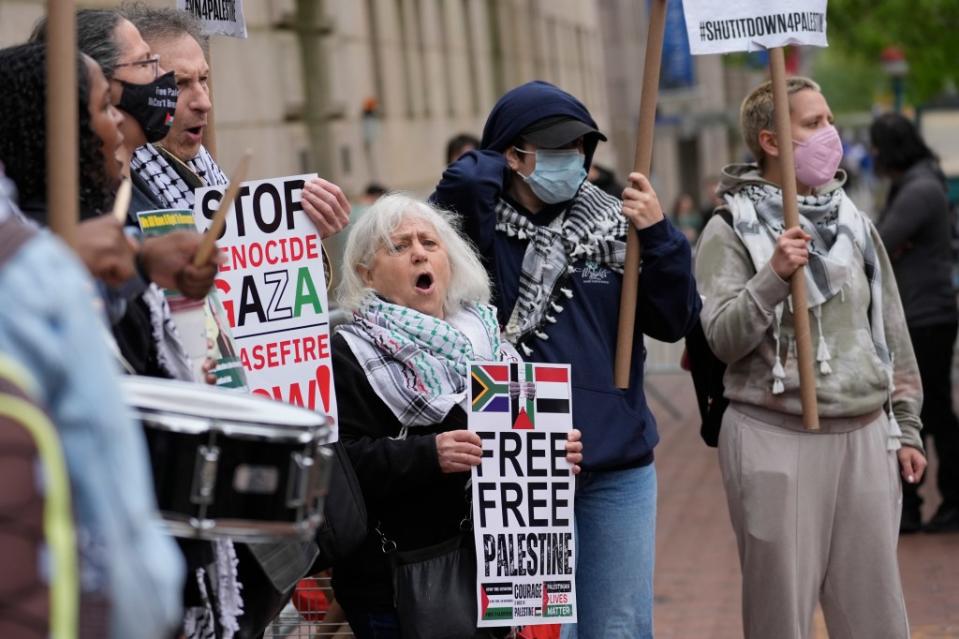 Anti-Israel protesters chant outside Columbia on Tuesday. AP