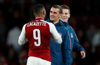 <p>Soccer Football – Europa League Semi Final First Leg – Arsenal vs Atletico Madrid – Emirates Stadium, London, Britain – April 26, 2018 Arsenal’s Alexandre Lacazette shakes hands with Atletico Madrid’s Antoine Griezmann after the match REUTERS/Eddie Keogh </p>