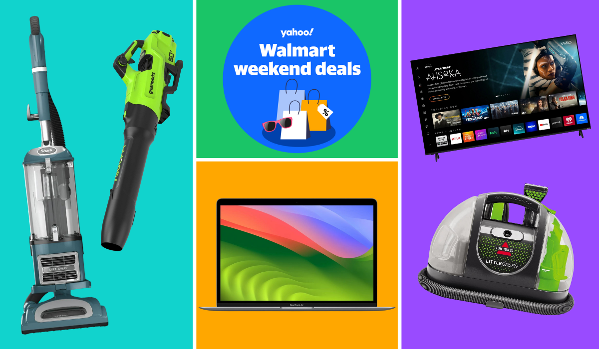 Shark vacuum, leaf blower, Apple Macbook Air, Vizio smart TV, Bissell Little Green vacuum beside badge reading Yahoo! Walmart weekend deals