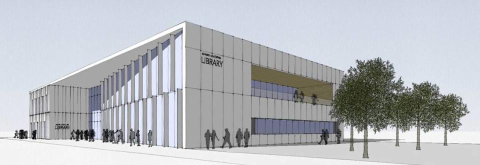 A rendering of what the Charlotte Mecklenburg Library branch in University City could look like if it is relocated to the Waters Edge development.