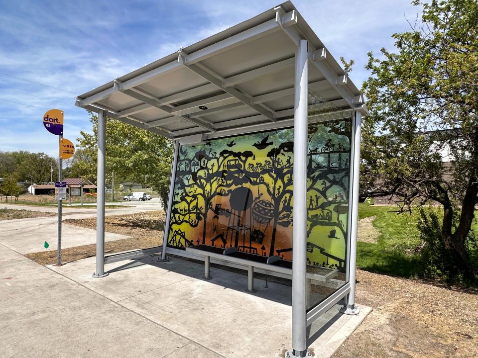 A new art bus shelter, with work by Béatrice Coron, has appeared in Ankeny, the first in the suburbs under a DART program to promote public art. More than 50 are expected across the metro.