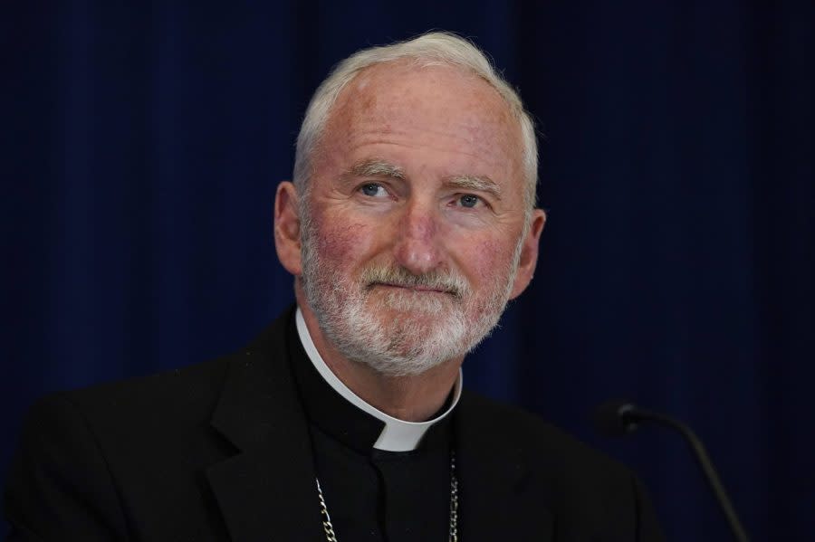 Bishop David O'Connell, of the Archdiocese of Los Angeles, attends a news conference at the Fall General Assembly meeting of the United States Conference of Catholic Bishops, on Nov. 17, 2021, in Baltimore. (Julio Cortez/Associated Press)