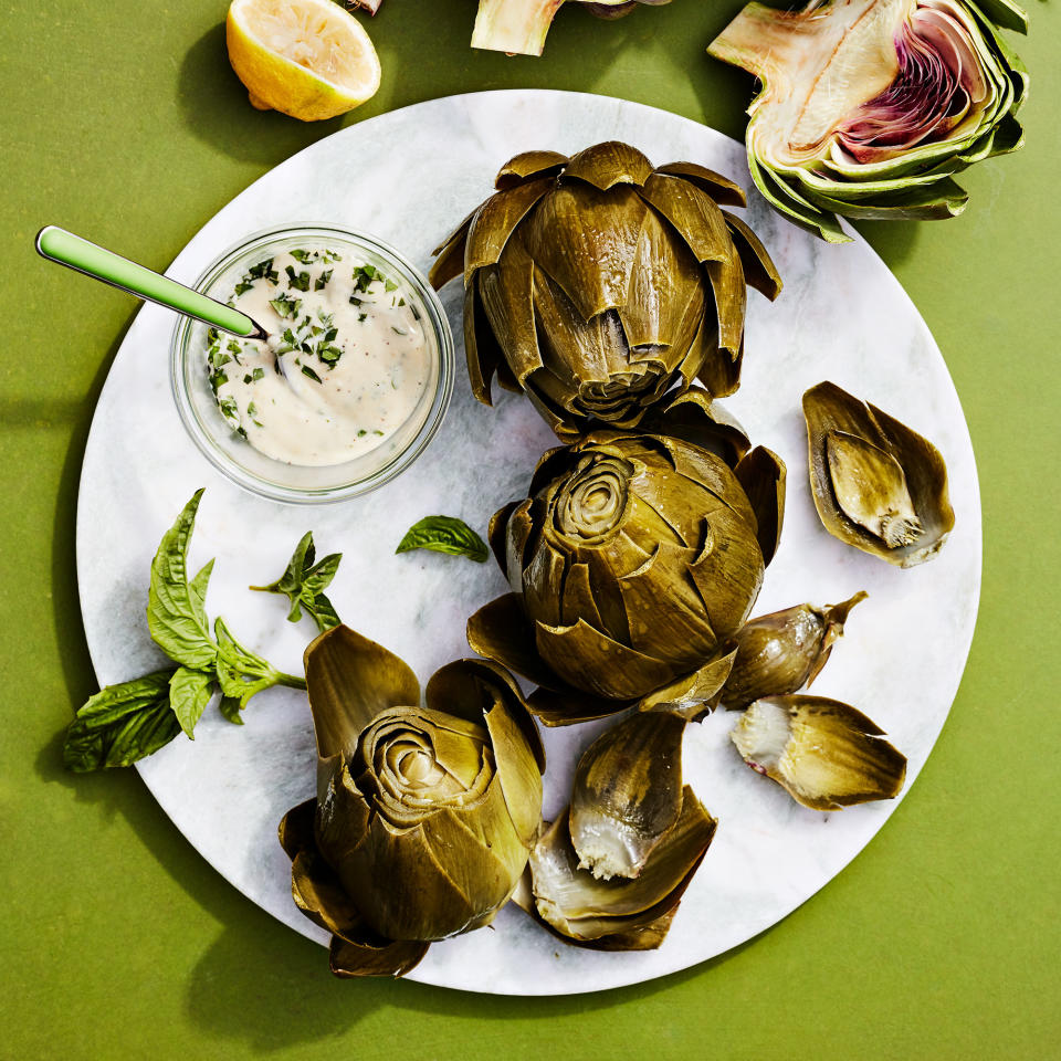 Steamed Artichokes with Lemon-Basil Aioli