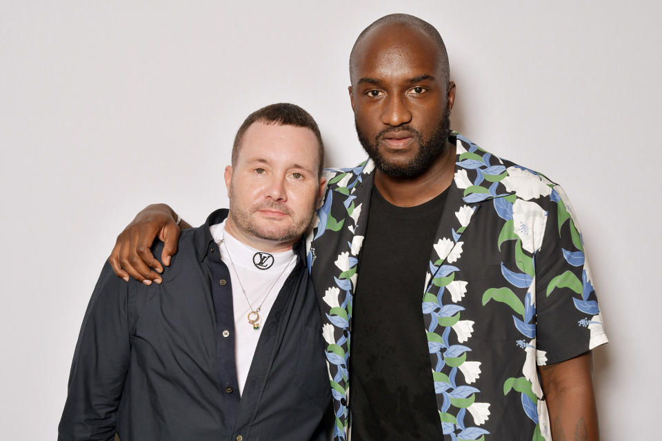 Kim Jones and Virgil Abloh backstage at the Louis Vuitton men’s spring 2018 show. - Credit: Stephane Feugere/WWD