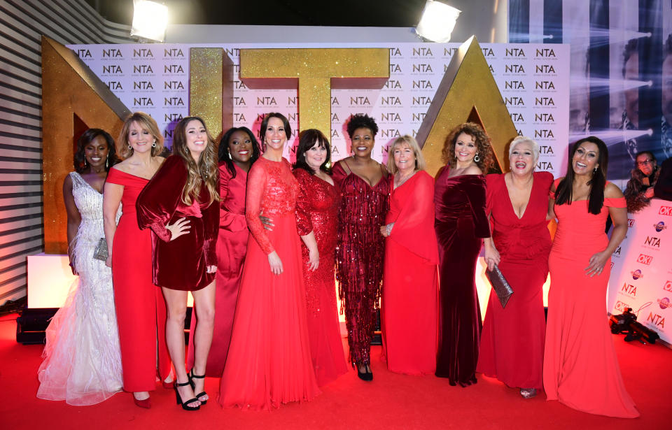 Kelle Bryan, Kaye Adams, Stacey Solomon, Judi Love, Andrea McLean, Coleen Nolan, Brenda Edwards, Linda Robson, Nadia Sawalha, Denise Welch and Saira Khan (left to right) during the National Television Awards at London's O2 Arena. (Photo by Ian West/PA Images via Getty Images)