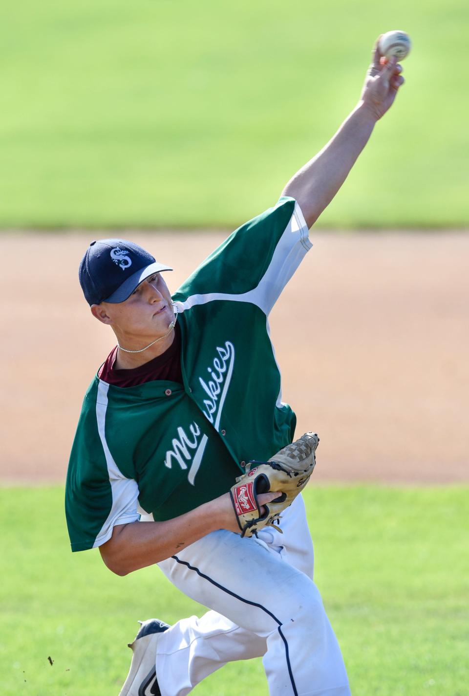 David Deminsky pitches for the Sartell Muskies during Sunday's game against the Sartell Stone Poneys in Sartell. 