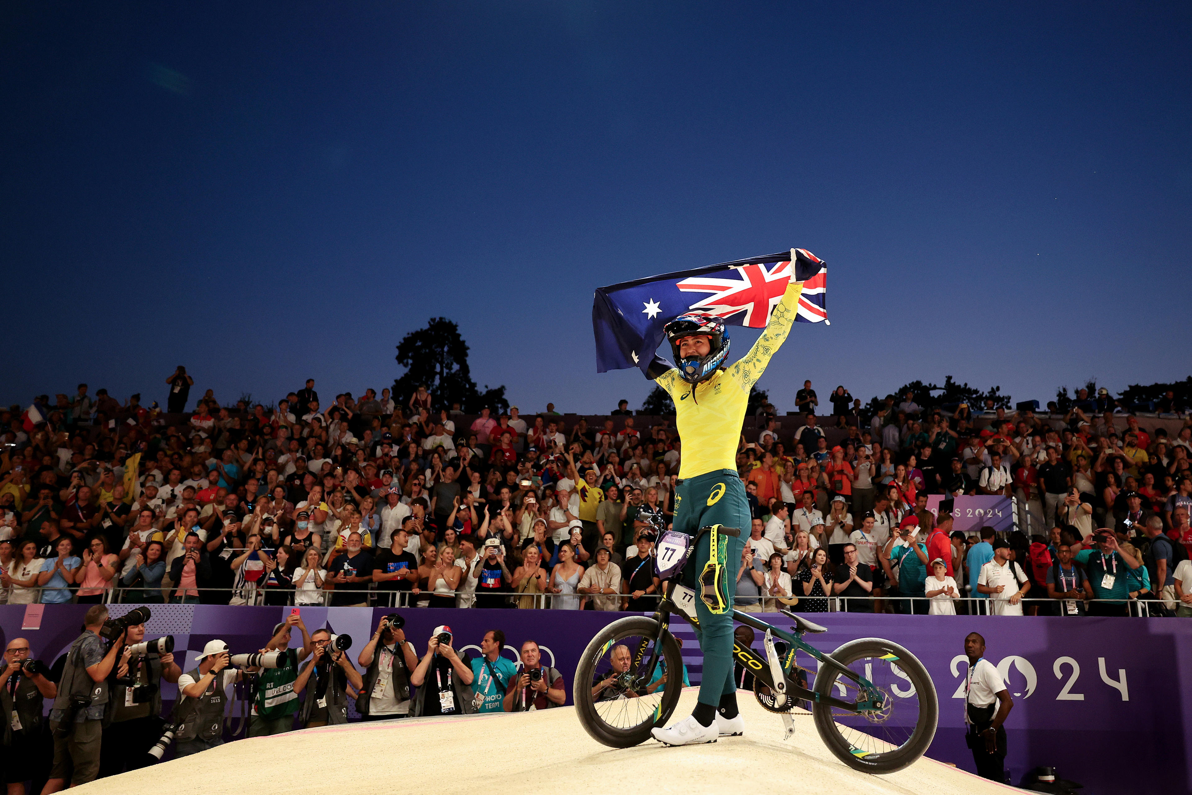 Saya Sakakibara of Team Australia celebrates as Gold medal winner during the Women's Final on day seven of the Olympic Games Paris 2024 at Saint-Quentin-en-Yvelines BMX Stadium on August 02, 2024 in Paris, France. (Tim de Waele/Getty Images)