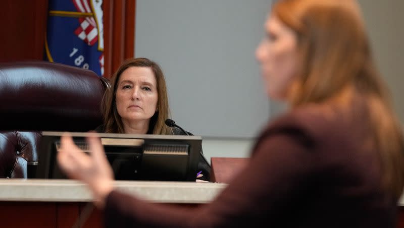 Utah Supreme Court Justice Jill M. Pohlman listens to oral arguments involving the Utah’s abortion trigger law before the Utah Supreme Court in Salt Lake City, Tuesday, Aug. 8, 2023.