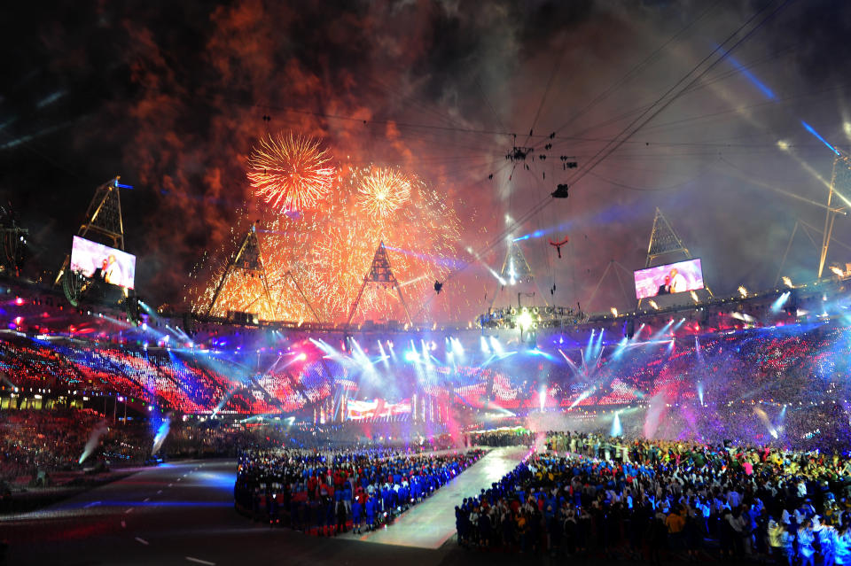 LONDON, ENGLAND - AUGUST 12: Fireworks explode over the stadium during the Closing Ceremony on Day 16 of the London 2012 Olympic Games at Olympic Stadium on August 12, 2012 in London, England. (Photo by Mike Hewitt/Getty Images)