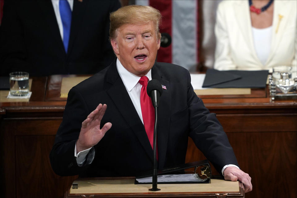 President Donald Trump delivers his State of the Union address to a joint session of Congress on Capitol Hill in Washington, Tuesday, Feb. 5, 2019. (AP Photo/Carolyn Kaster)