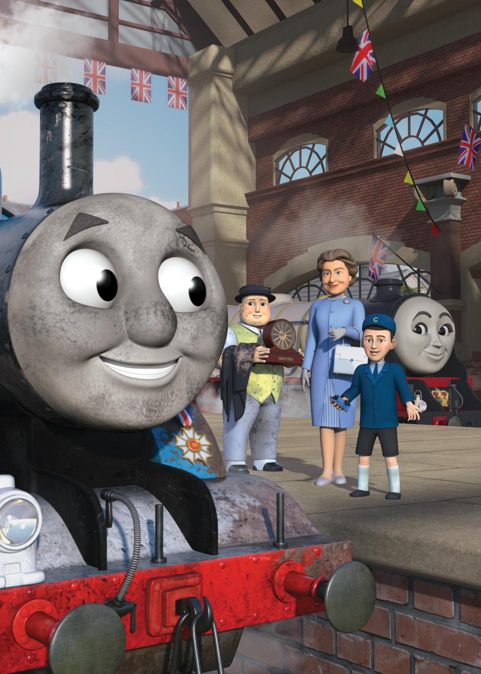 En esta fotografía proporcionada el 27 de abril de 2020 por Mattel, una escena con la reina Isabel de Gran Bretaña y el príncipe Carlos de niño en el especial animado “Thomas & Friends: The Royal Engine” que será estrenado para celebrar el 75 aniversario de Thomas The Tank Engine. El especial se transmitirá en Netflix el 1 de mayo de 2020 y en Gran Bretaña por Channel 5 el 2 de mayo. (Mattel via AP)