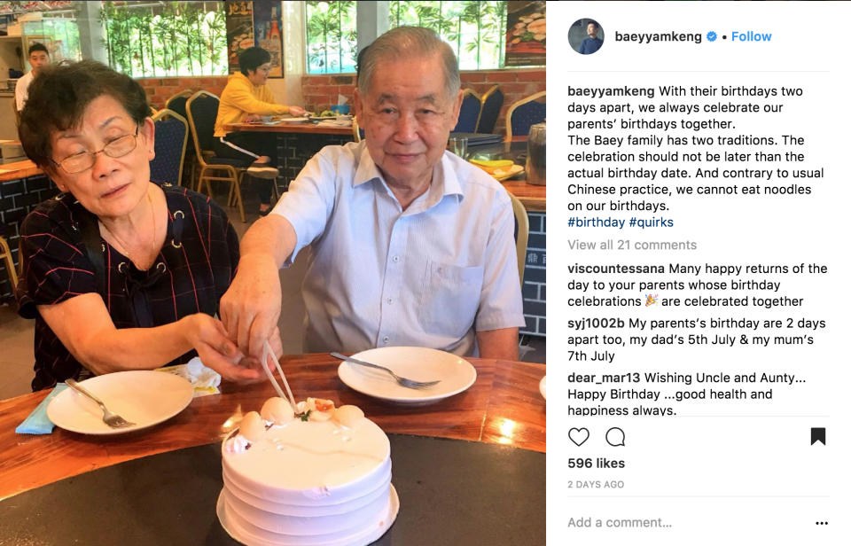 The Member of Parliament for Tampines GRC posted a photo of his parents during their birthday celebration. (Photo: @baeyyamkeng/Instagram)