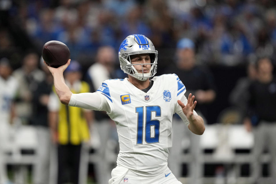 Detroit Lions quarterback Jared Goff throws during the first half of an NFL football game against the New Orleans Saints, Sunday, Dec. 3, 2023, in New Orleans. (AP Photo/Gerald Herbert)