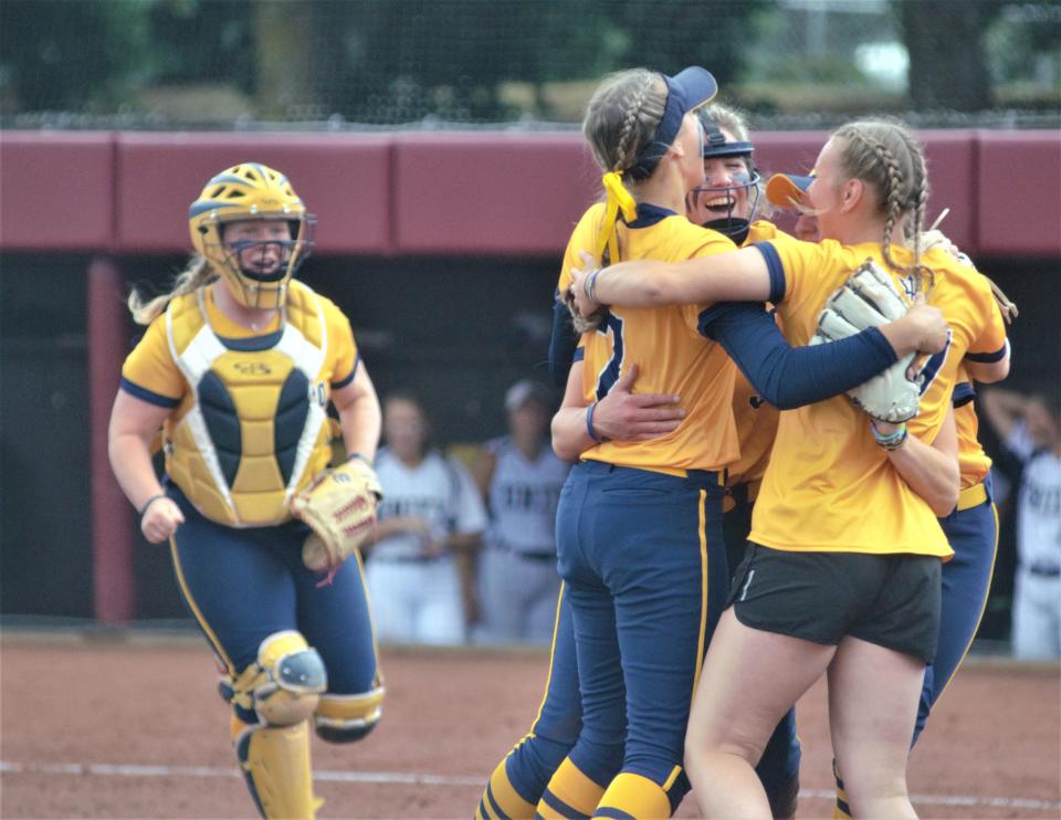 Gaylord celebrates the game-winning out of an MHSAA Division 2 softball state quarterfinal matchup between Gaylord and Hudsonville Unity Christian on Tuesday, June 13 at Margo Jonker Stadium on the campus of Central Michigan University, Mount Pleasant, Mich.