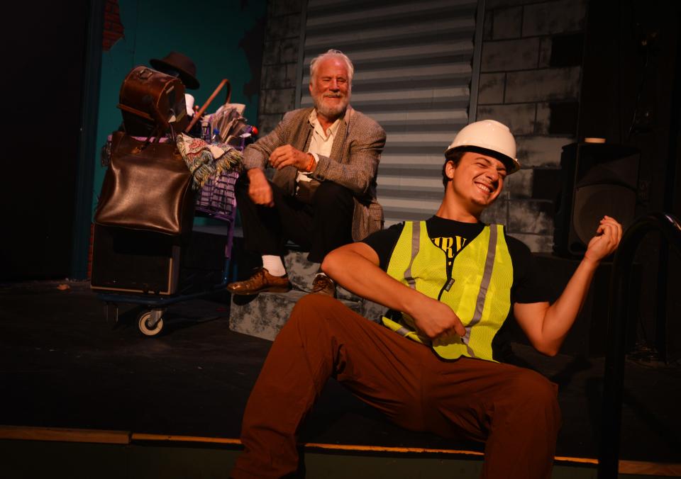 "She Always Sneezed Twice," written by John A. Torres, directed by Nancy Matican Bock, is playing at Surfside Playhouse August 4-13. Homeless man "Shep" (Kevin Hurley) talks with "Noah" (Jack Hachmeister).