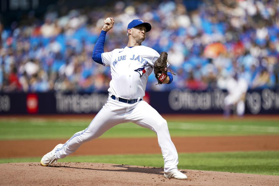 Toronto Blue Jays starting pitcher Trevor Richards (33) throws against the Minnesota Twins during the first inning of a baseball game in Toronto, Saturday, June 10, 2023. (Arlyn McAdorey/The Canadian Press via AP)