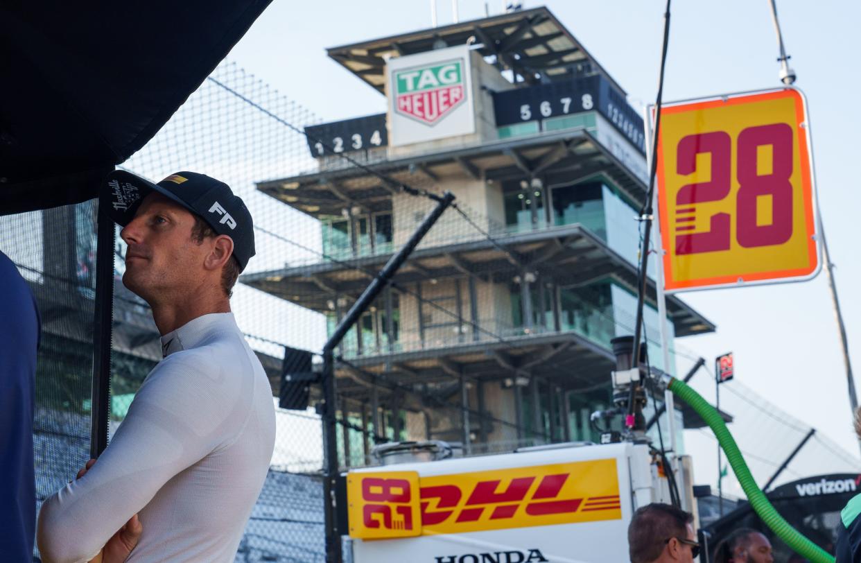 Andretti Autosport driver Romain Grosjean (28) prepares for practice Friday, Aug. 11, 2023, ahead of the Gallagher Grand Prix at Indianapolis Motor Speedway. 