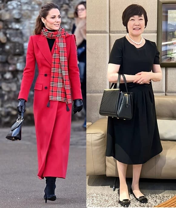 英國凱特王妃（左圖）與日本前首相安倍晉三夫人安倍昭惠（右圖），都是王永慶的孫女王思涵創立品牌包包的愛用者。   圖：翻攝自Grace Han臉書／新頭殼合成