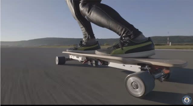 The wooden board has been modified with four motors added. Picture: Guinness World Records