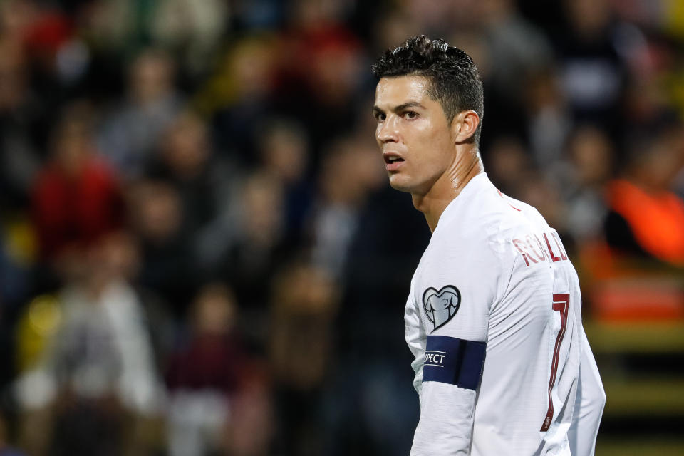 Cristiano Ronaldo of Portugal looks on during the UEFA Euro 2020 qualifying match between Lithuanua and Portugal on September 10, 2019 at LFF Stadium in Vilnius, Lithuania. (Photo by Mike Kireev/NurPhoto via Getty Images)