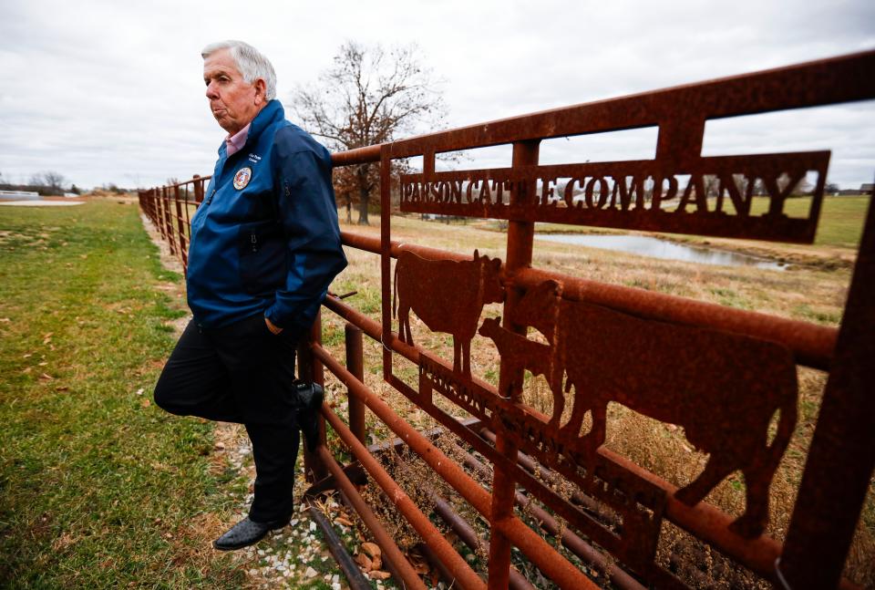 Missouri Governor Mike Parson reflects on his time in office and what he plans to do after he leaves office during an interview at his farm near Bolivar on Thursday, Nov. 16, 2023.