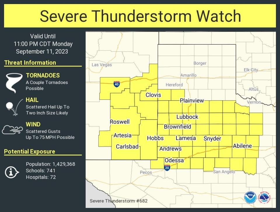 The National Weather Service has issued a severe thunderstorm watch for much of West Texas Monday, Sept. 11 until 11 p.m. CDT.